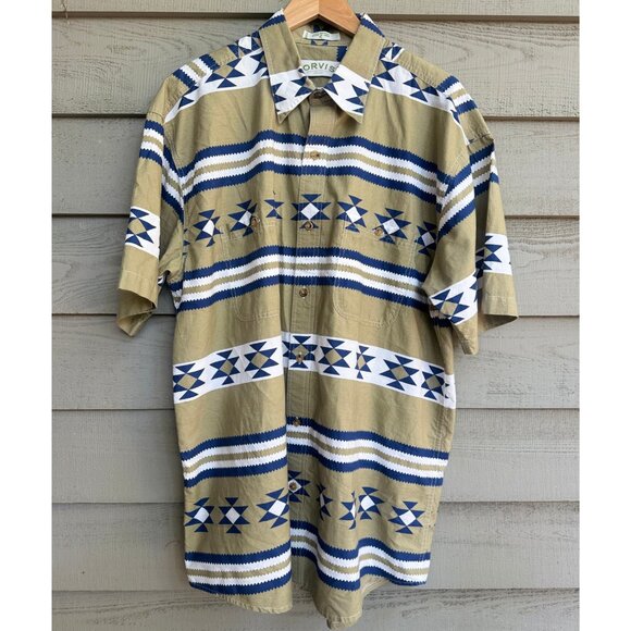 Orvis Men’s XL Cotton Aztec Geometric Short Sleeve Button-Down Shirt - Picture 1 of 8